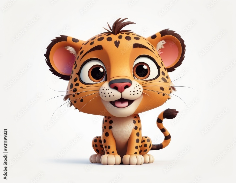 3D cute little baby leopard cub cartoon with big eyes Wild African animal for kids book generative AI	