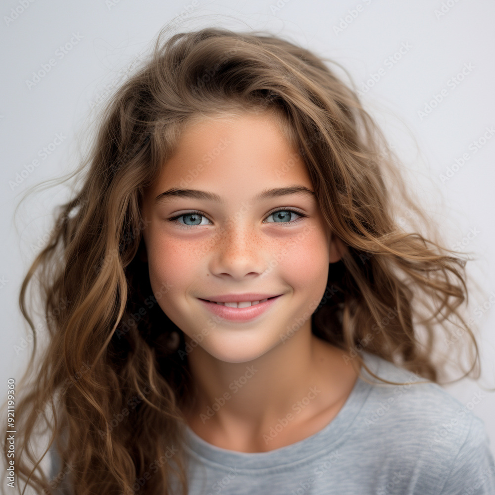 Portrait Happy smile girl under photo studio light in Studio Light. Capturing the Essence of Teenage Spirit. Warmth of His Genuine Smile.