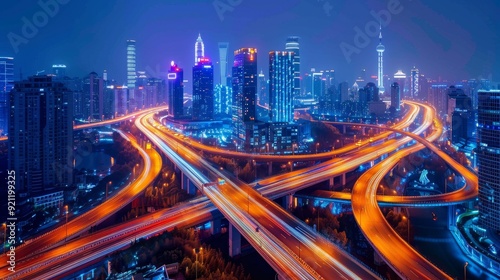 A vibrant and dynamic night cityscape showcasing illuminated roads, bustling skyscrapers, and bright lights