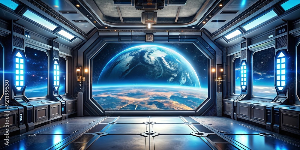 Futuristic space station with holographic displays and earth view window, futuristic