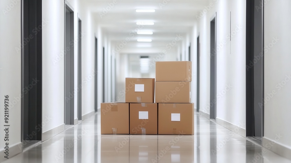 Five stacked cardboard boxes in a modern hallway, showcasing minimalistic design and efficient storage solutions. Five stacked cardboard boxes in a modern hallway, showcasing minimalistic design and efficient storage solutions.