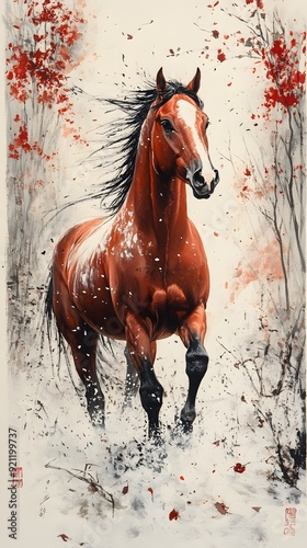 Auspicious Horse in Classic Brushwork: A horse painted with classic brushwork techniques, reflecting auspiciousness and grace photo