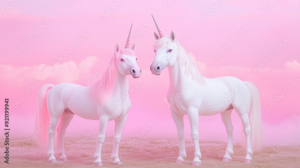 Two magical unicorns stand gracefully in a dreamy pink landscape, embodying beauty and fantasy. Two magical unicorns stand gracefully in a dreamy pink landscape, embodying beauty and fantasy.