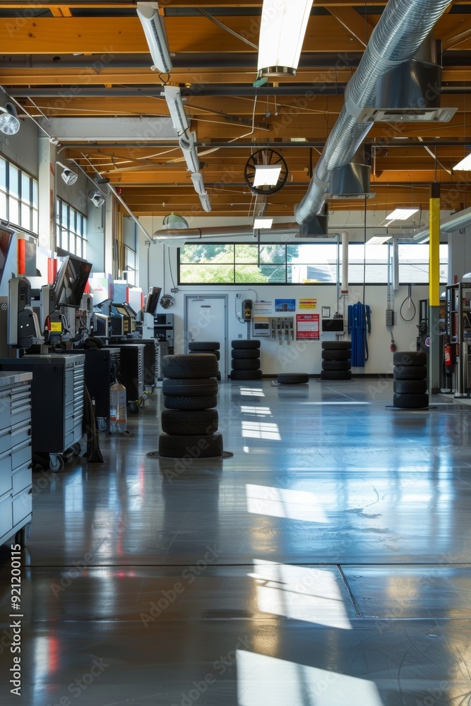 Fototapeta premium Modern Tire Service Center with Various Stations for Inspection, Repair, and Replacement