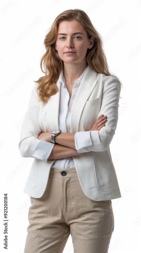 A confident woman stands with her arms crossed, wearing a white blazer and beige pants, looking directly at the camera against a plain white background, symbolizing professionalism and confidence A confident woman stands with her arms crossed, wearing a white blazer and beige pants, looking directly at the camera against a plain white background, symbolizing professionalism and confidence