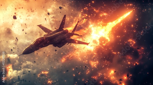 A dramatic scene of a jet flying through an explosive battle, showcasing power and intensity in the sky.