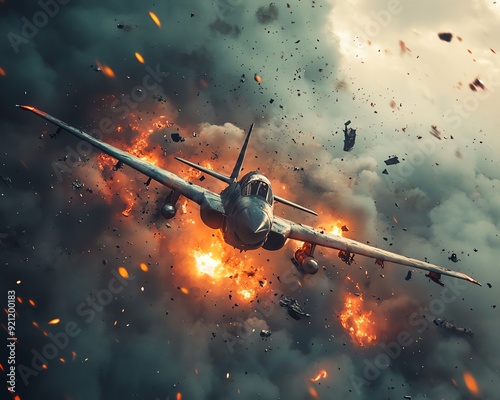 A dramatic scene of a fighter jet soaring through an explosion in a smoky sky, symbolizing warfare and high-stakes action.
