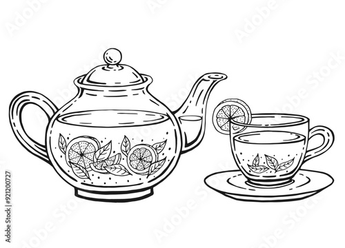 Hand drawn teapot, cup, lemon slices, tea leaves. Vector illustration