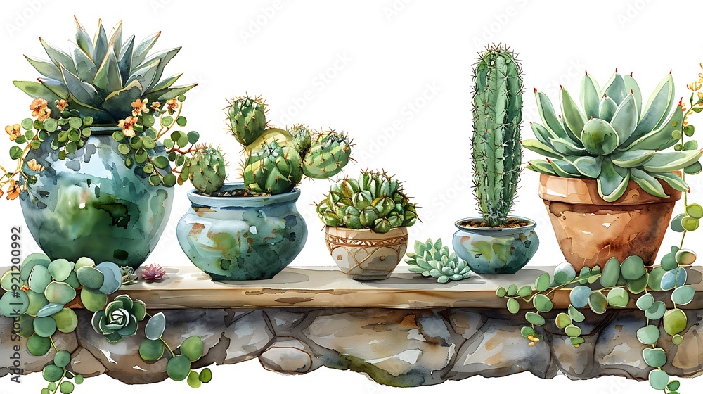 An elegant watercolor pattern of cacti and succulents, showcasing various species in different green tones, seamlessly integrated with delicate textures and smooth transitions, creating a fresh and na An elegant watercolor pattern of cacti and succulents, showcasing various species in different green tones, seamlessly integrated with delicate textures and smooth transitions, creating a fresh and na
