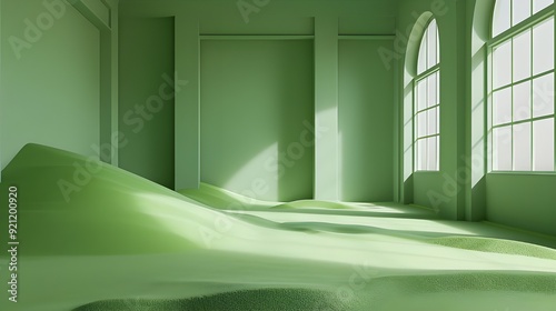 pile of green sand in a large  modern  windowless  green room.