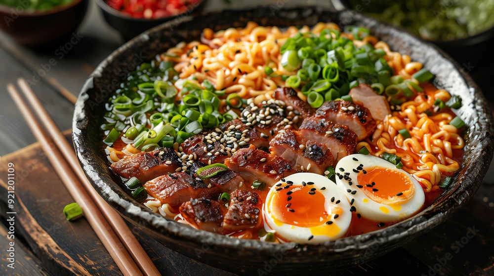 Top-Down View of a Hearty Bowl of Ramen with Pork, Egg, and Fresh Toppings Top-Down View of a Hearty Bowl of Ramen with Pork, Egg, and Fresh Toppings