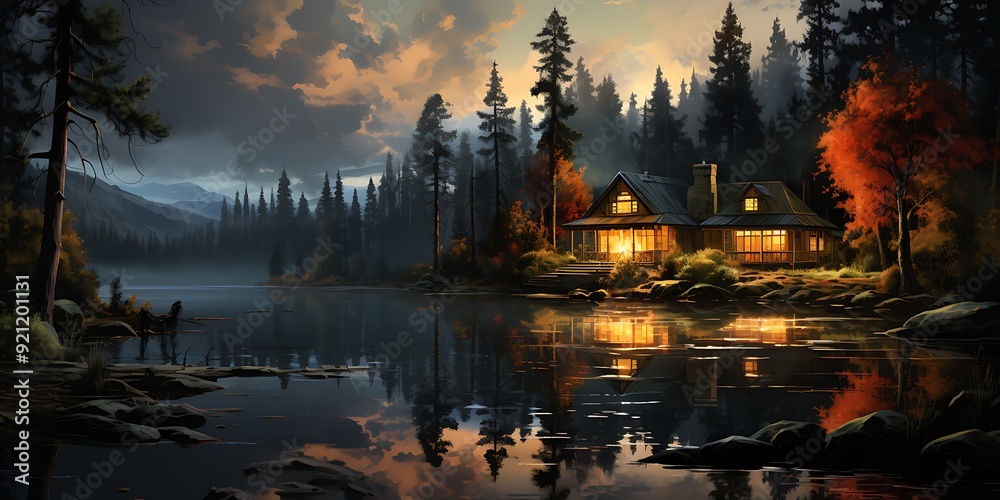 Fototapeta premium Illustration of a painting of a house and a lake with a reflection of the house in the water AI Generated