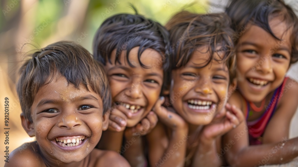 Four children are smiling and laughing together