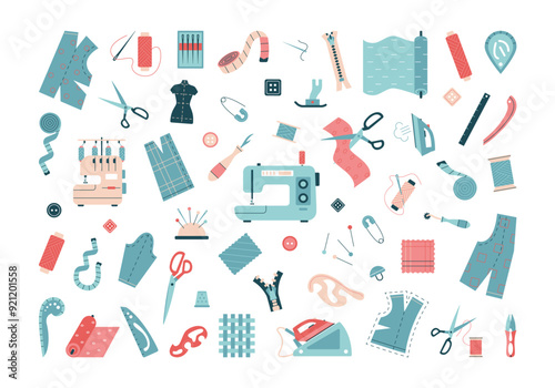 Sewing elements and materials for sewing and needlework. Icons set. Tailoring tools, equipment and accessories. Threads, buttons, needle, scissors, dummy, patterns, sewing machine. Vector illustration