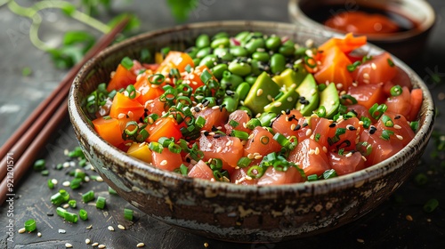 Close-Up of a Vibrant Rainbow Poke Bowl with Fresh Tuna, Avocado, and Edamame