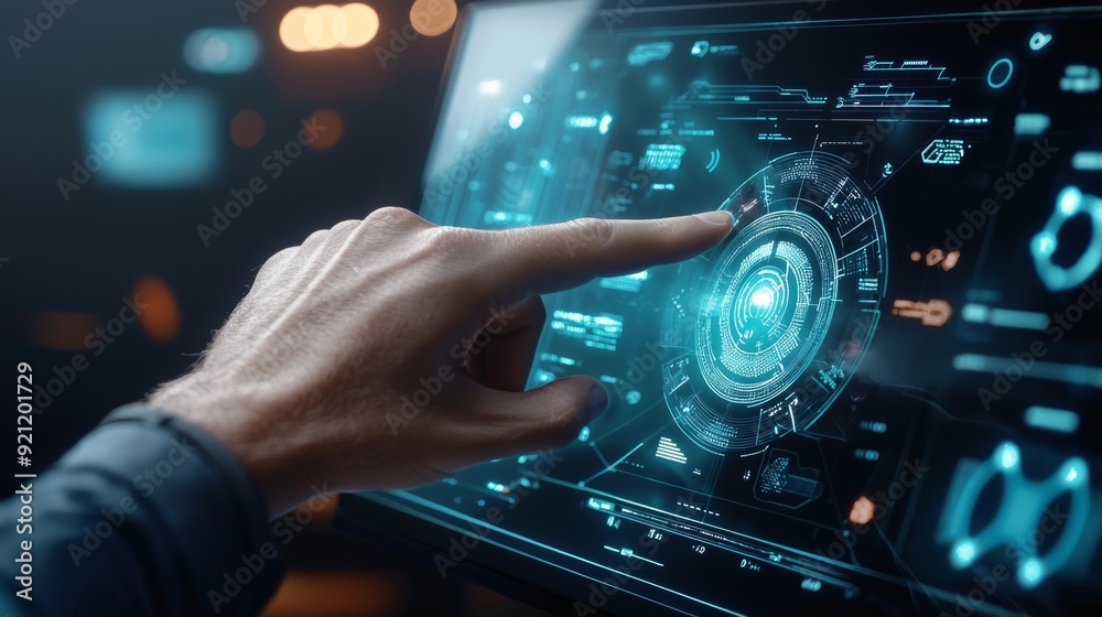 a person touching futuristic interface a person touching futuristic interface
