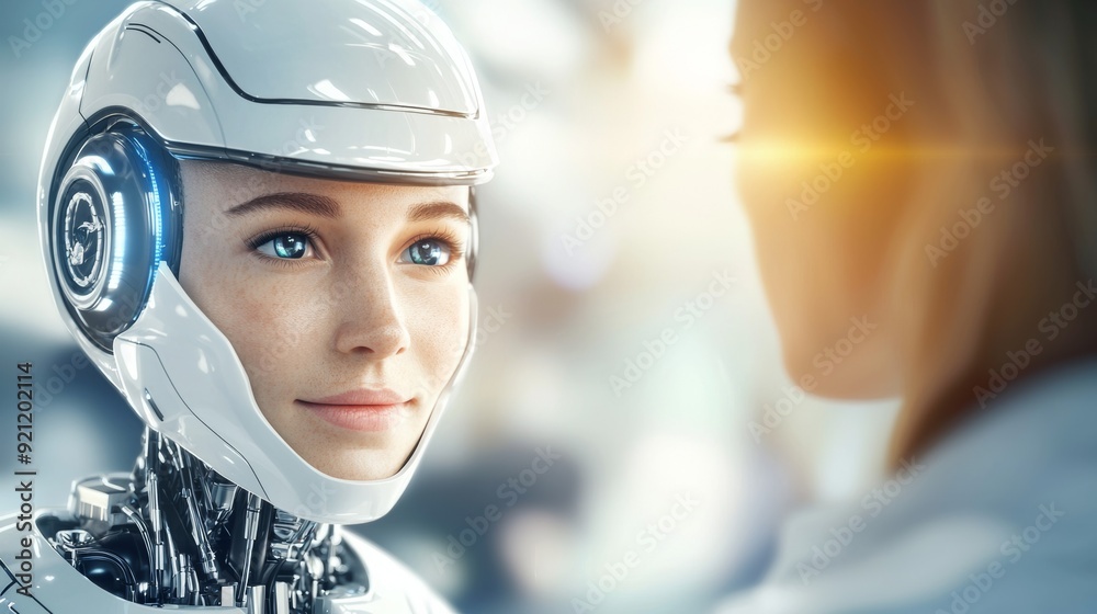 a woman in white suit and headphones looking at robot a woman in white suit and headphones looking at robot