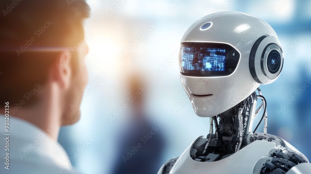 a robot with man looking at it a robot with man looking at it