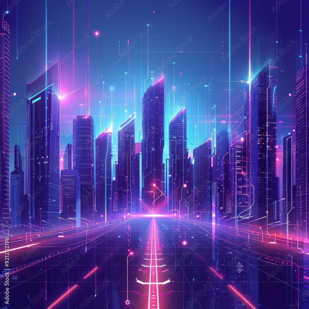Vector illustration urban architecture, cityscape with space and neon light effect. Modern hi-tech, science, futuristic technology concept. Abstract digital high tech city design for banner background Vector illustration urban architecture, cityscape with space and neon light effect. Modern hi-tech, science, futuristic technology concept. Abstract digital high tech city design for banner background