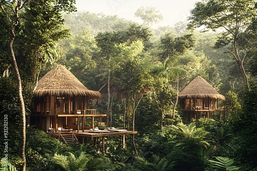 Wooden tree houses providing eco friendly tourist accommodation deep in a tropical rainforest