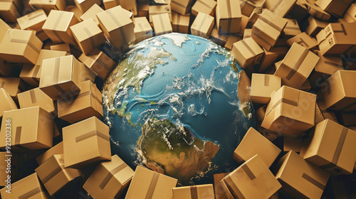 Global parcel delivery concept: Earth world map encircled by cardboard parcels