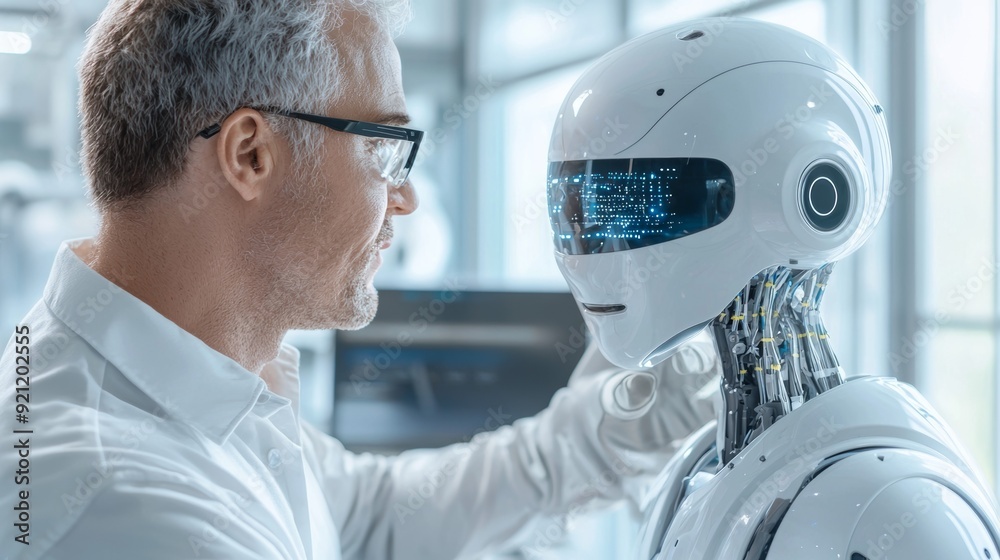 a man in white shirt and glasses looking at robot a man in white shirt and glasses looking at robot