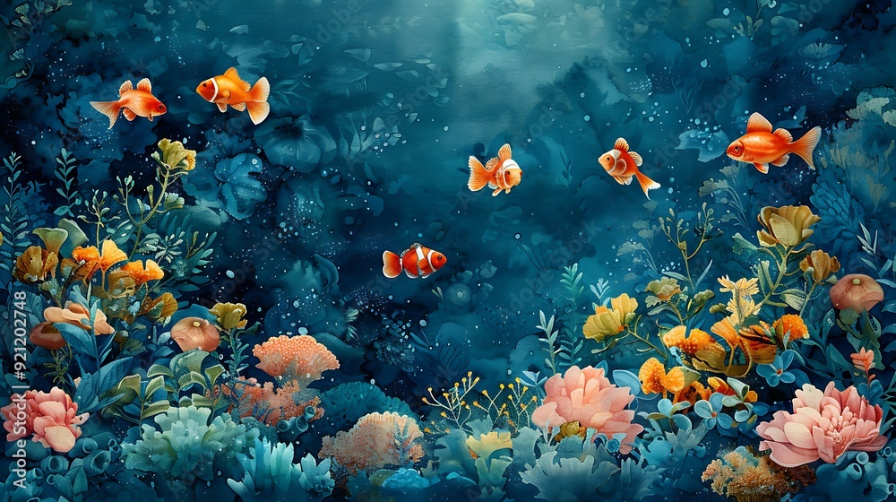 Naklejka premium A beautiful watercolor pattern of marine life, showcasing a variety of fish, seaweed, and coral, seamlessly integrated in a rich blue and green underwater scene, with smooth transitions and intricate 