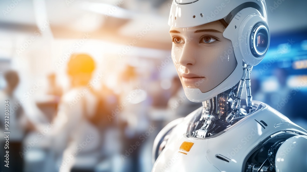 a robot with woman in the background a robot with woman in the background