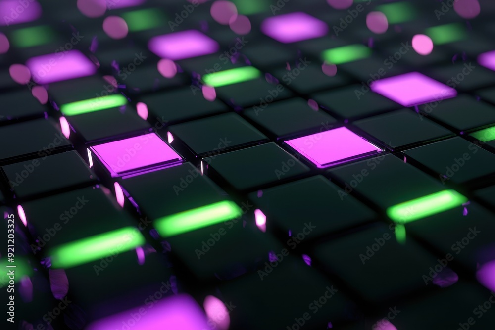 Illuminated Geometric Grid in Green and Purple on Black Background Illuminated Geometric Grid in Green and Purple on Black Background