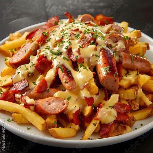 A delicious plate of pasta featuring shrimp, chicken,  photo