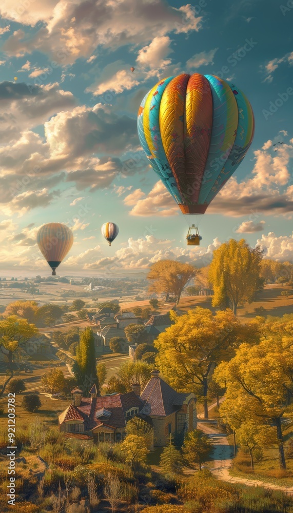 Fototapeta premium Hot Air Balloon Festival Over Picturesque Countryside at Sunset - Perfect for Travel Posters and Wall Art