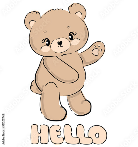 Teddy bear vector hand drawn illustration, cute print design for kids 