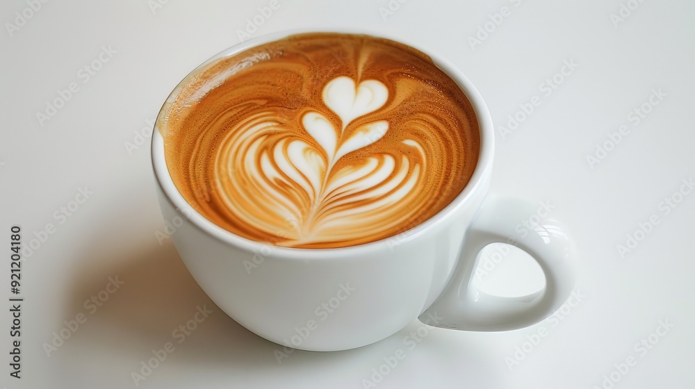 A latte with heart-shaped latte art in a white mug, isolated on a white background. A latte with heart-shaped latte art in a white mug, isolated on a white background.