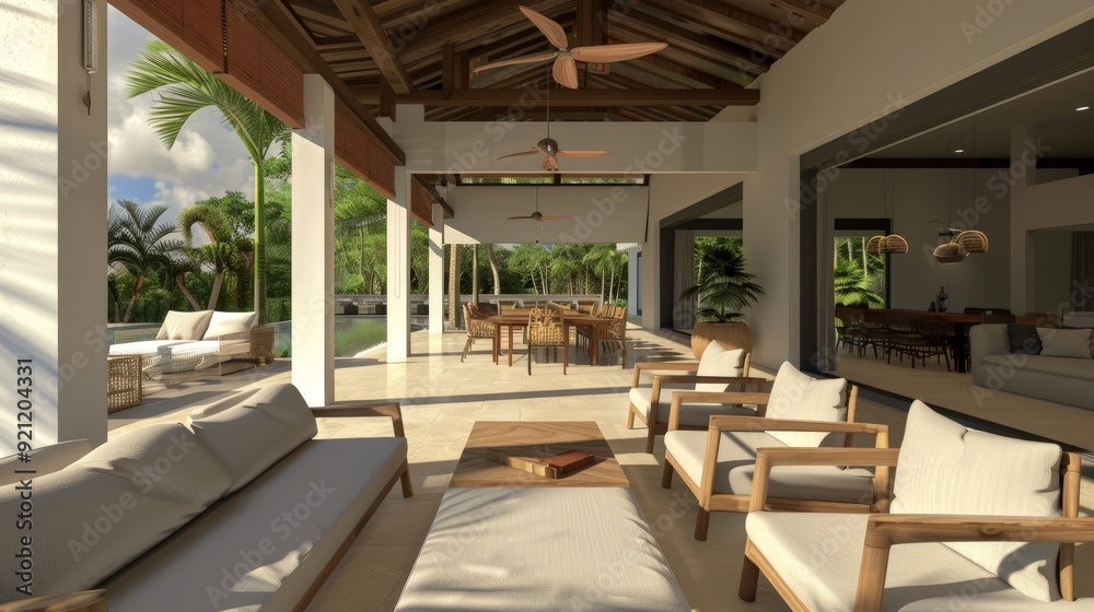 Fototapeta premium A luxury villa under construction, featuring expansive indoor and outdoor living spaces designed for relaxation and entertainment.