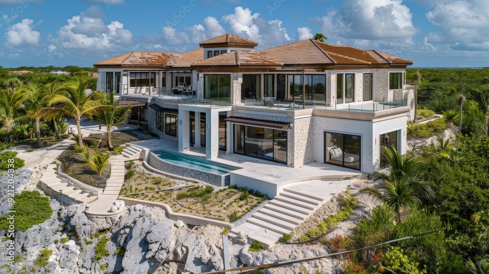 Fototapeta premium A luxury villa under construction, featuring expansive indoor and outdoor living spaces designed for relaxation and entertainment.