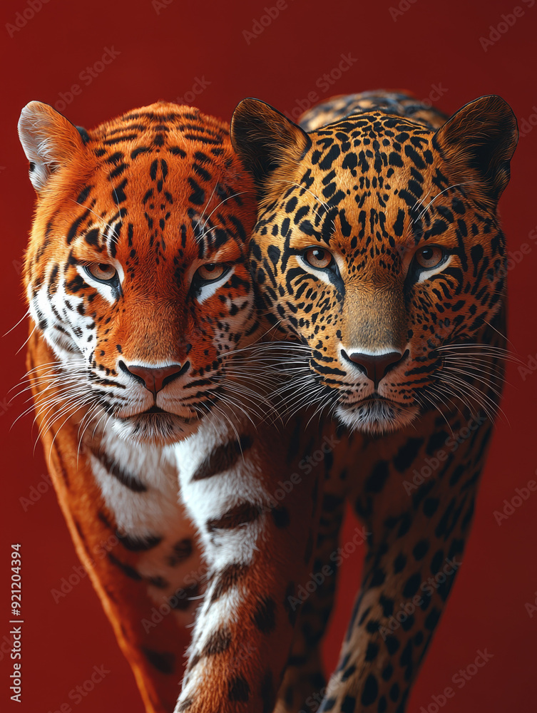 Obraz premium A Panther and a Leopard Walking Side by Side on a Bold Red Background