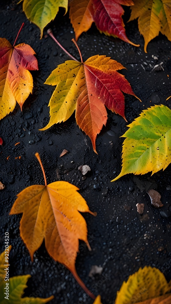 Autumn leaves spread on a dark asphalt surface, a contrast that makes the colors pop wallpaper background Autumn leaves spread on a dark asphalt surface, a contrast that makes the colors pop wallpaper background