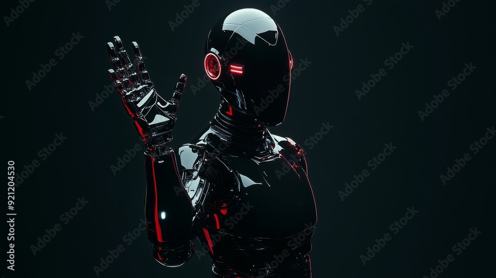 Glossy black robot with red lights raising hand in virtual artificial intelligence environment Glossy black robot with red lights raising hand in virtual artificial intelligence environment