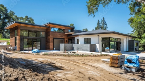 A modern ranch home under construction, featuring single-level living with a spacious open layout and outdoor entertaining areas.