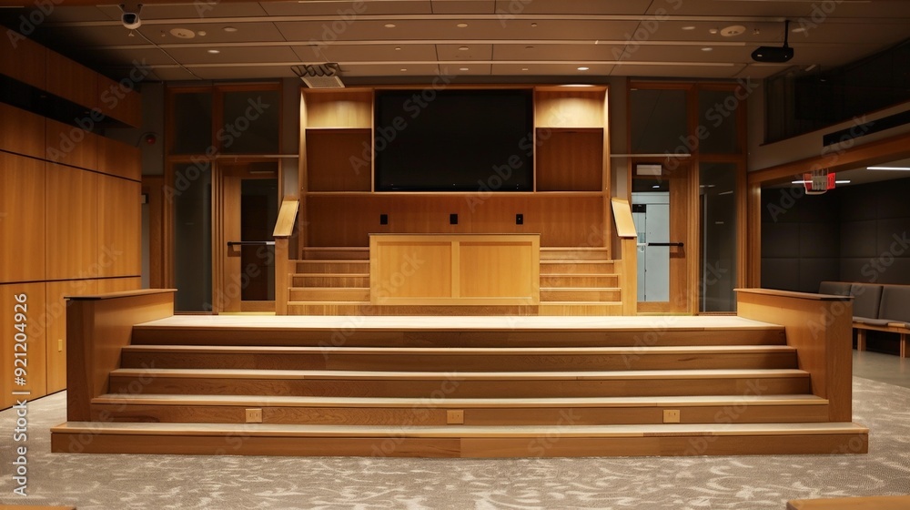 A multi-tiered wooden podium, providing additional space for notes, props, and visual aids during presentations. A multi-tiered wooden podium, providing additional space for notes, props, and visual aids during presentations.