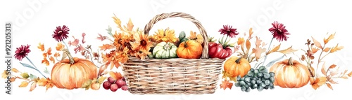 Wallpaper Mural A basket of fall fruits and vegetables including pumpkins, apples, and grapes Torontodigital.ca