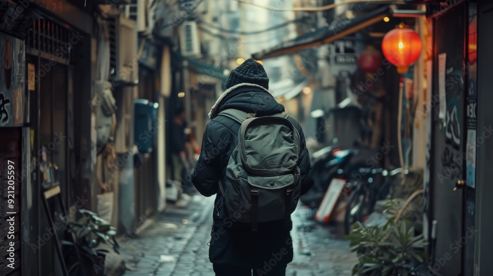 A photographer walking through an alleyway, looking for the perfect shot in the urban landscape. A photographer walking through an alleyway, looking for the perfect shot in the urban landscape.