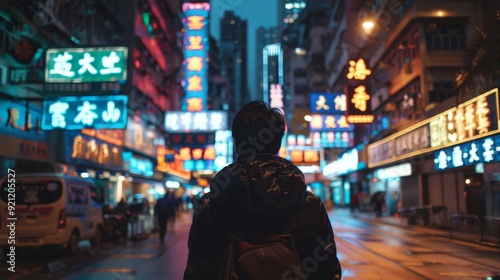 A person walking through a city at night, the streets illuminated by the glow of streetlights and neon signs.