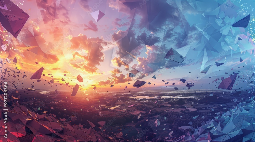 A sunset sky above a landscape with geometric shards falling from the sky. A sunset sky above a landscape with geometric shards falling from the sky.