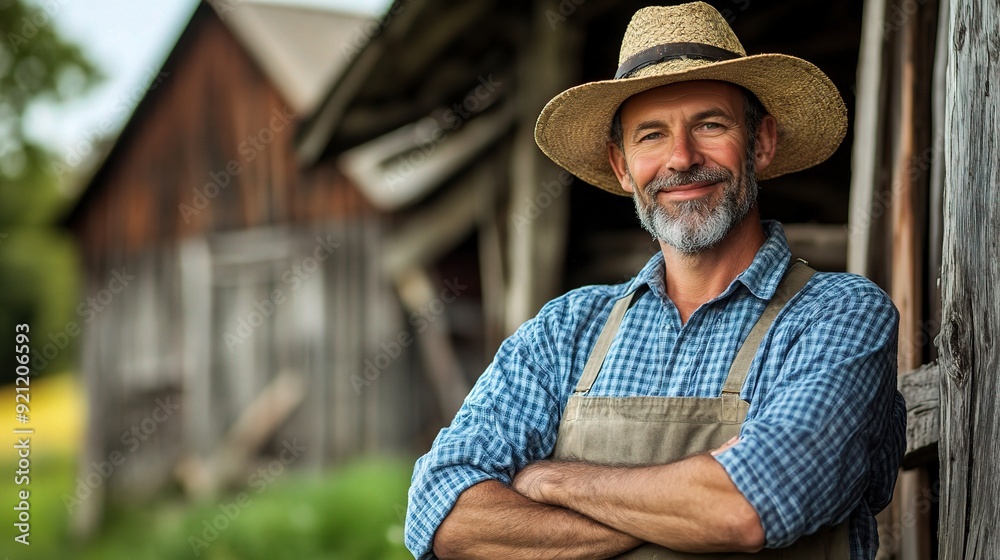 Fototapeta premium The Seasoned Farmer's Pride: A portrait of a rugged, weathered farmer in his element