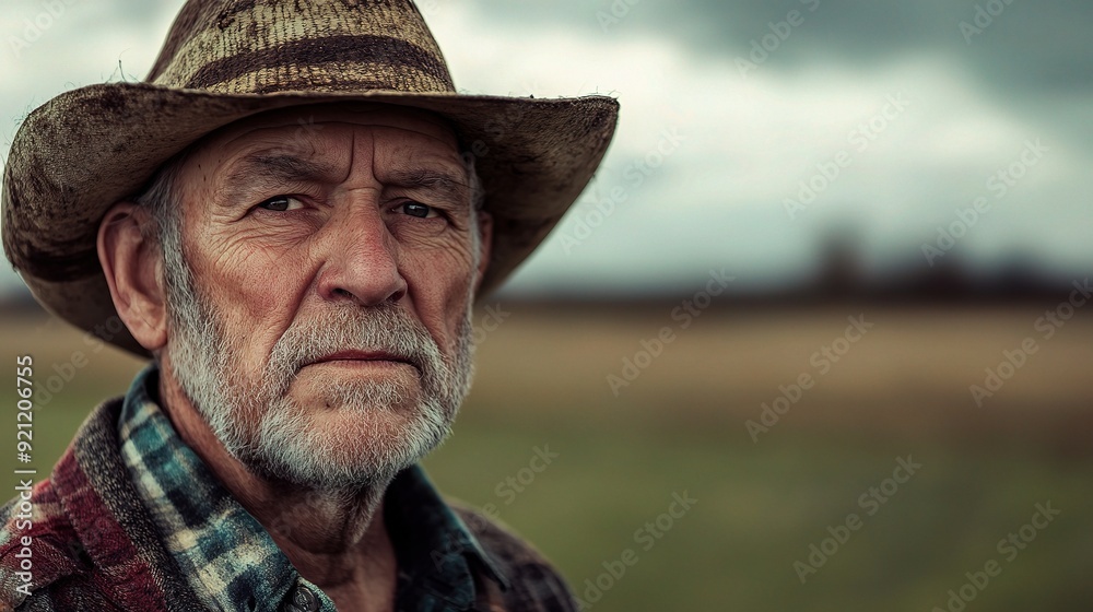 A Seasoned Gaze: A weathered rancher, etched with experience, stands stoic against a brooding sky A Seasoned Gaze: A weathered rancher, etched with experience, stands stoic against a brooding sky