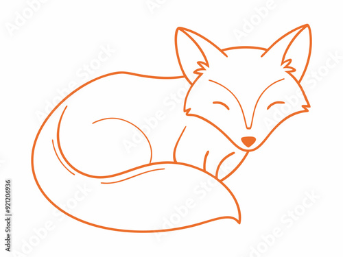 continuous single line drawing of sleeping fox, head resting on tail, line art vector illustration
