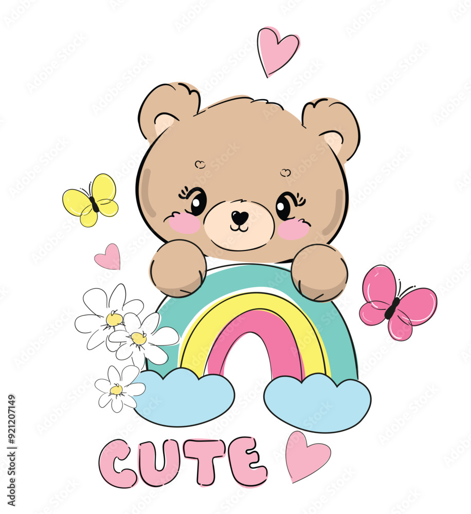 Teddy bear and rainbow vector hand drawn illustration, cute print design for kids Teddy bear and rainbow vector hand drawn illustration, cute print design for kids