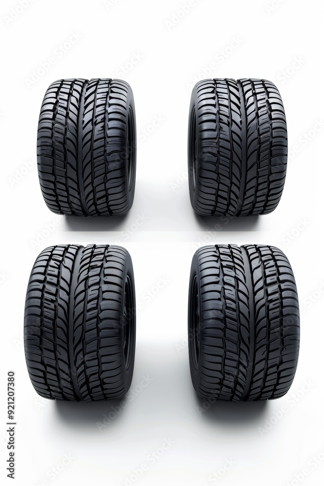 Set of Four Modern Car Tires Displayed Against a Clean White Background for Automotive Design Set of Four Modern Car Tires Displayed Against a Clean White Background for Automotive Design