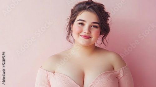 Beautiful smiling fat woman in a evening dress on pink background. Body positive, plus size concept photo